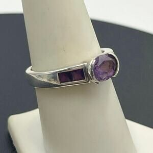 Sterling Silver 3-Stone Amethyst Oval Center Stone Heart Makers Ring Size 8.25